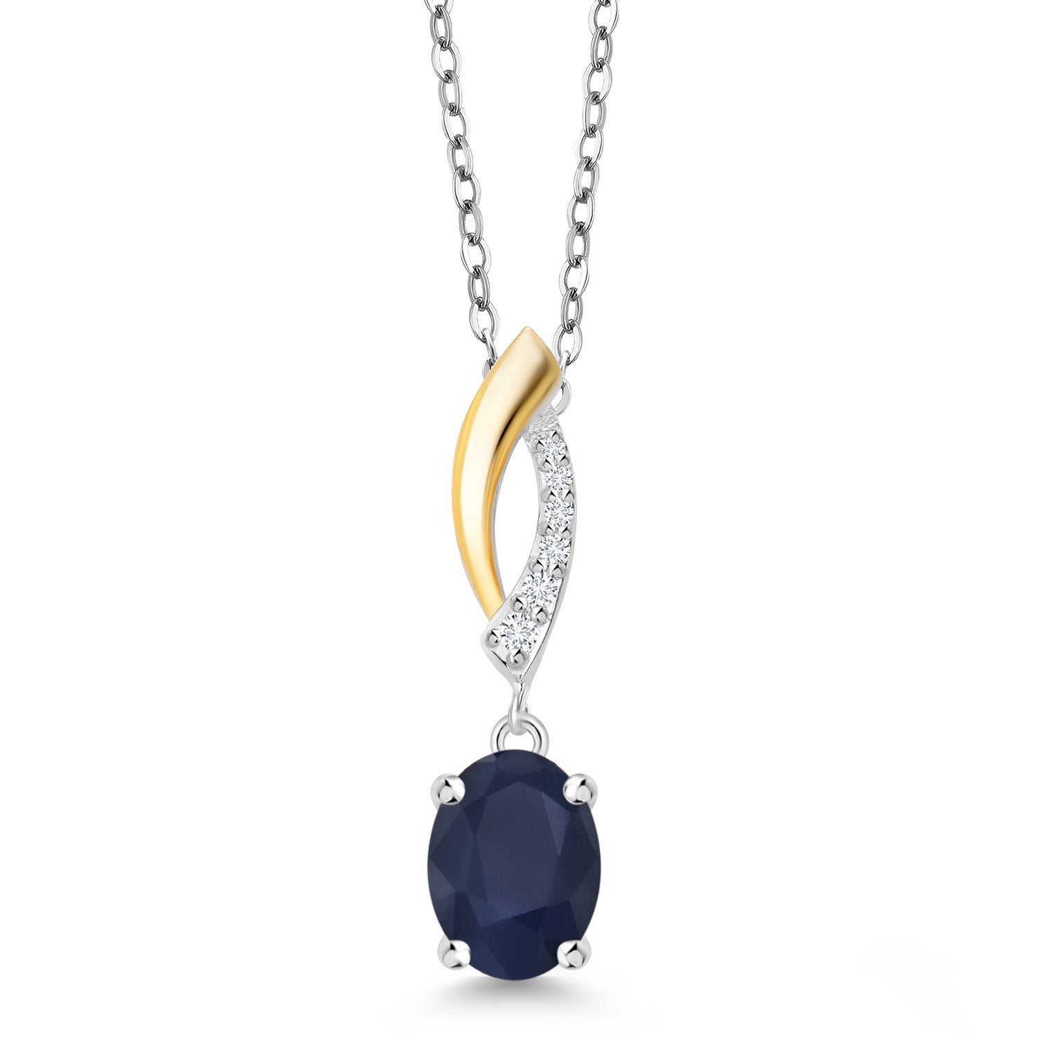 925 Sterling Silver and 10K Yellow Gold Blue Sapphire and White Lab Grown Diamond Pendant Necklace For Women (1.85 Cttw, Gemstone September Birthstone, with 18 Inch Silver Chain)