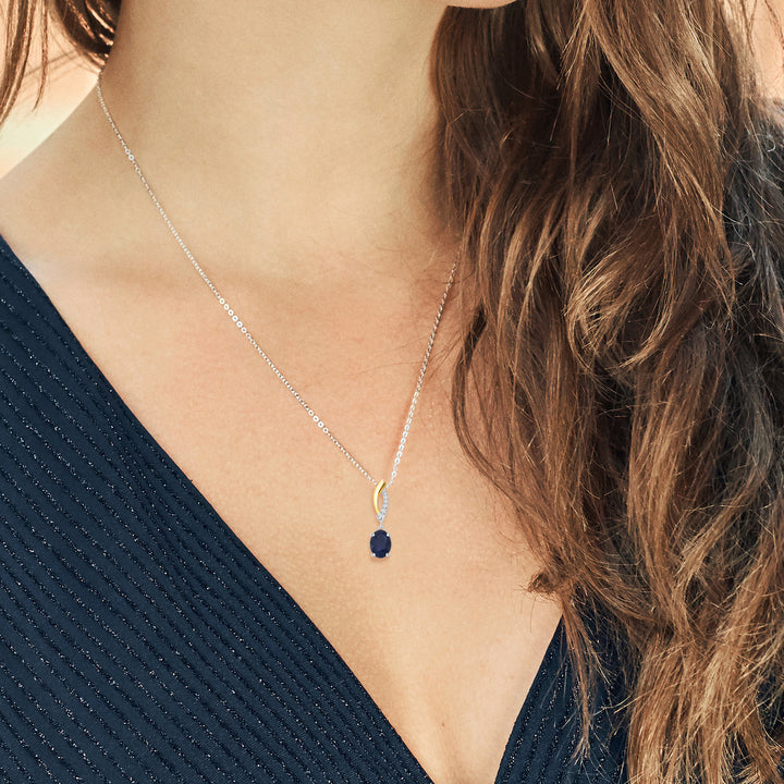 925 Sterling Silver and 10K Yellow Gold Blue Sapphire and White Lab Grown Diamond Pendant Necklace For Women (1.85 Cttw, Gemstone September Birthstone, with 18 Inch Silver Chain)