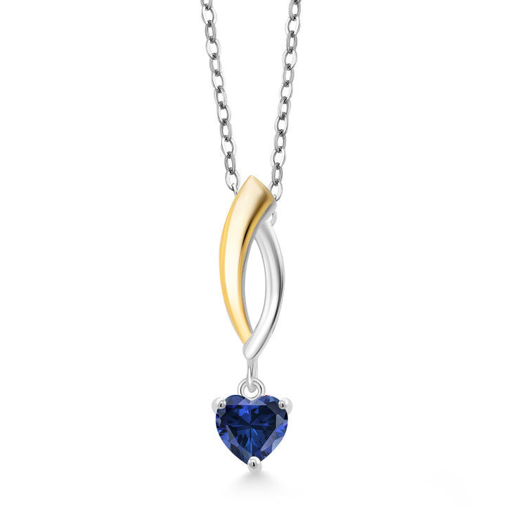 0.50 Ct Heart Shape Blue Created Sapphire 925 Silver and 10K Yellow Gold Pendant with Chain