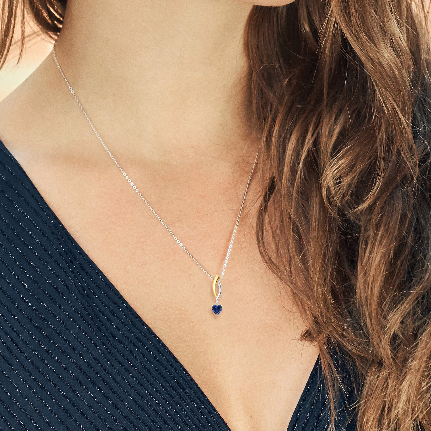 0.50 Ct Heart Shape Blue Created Sapphire 925 Silver and 10K Yellow Gold Pendant with Chain