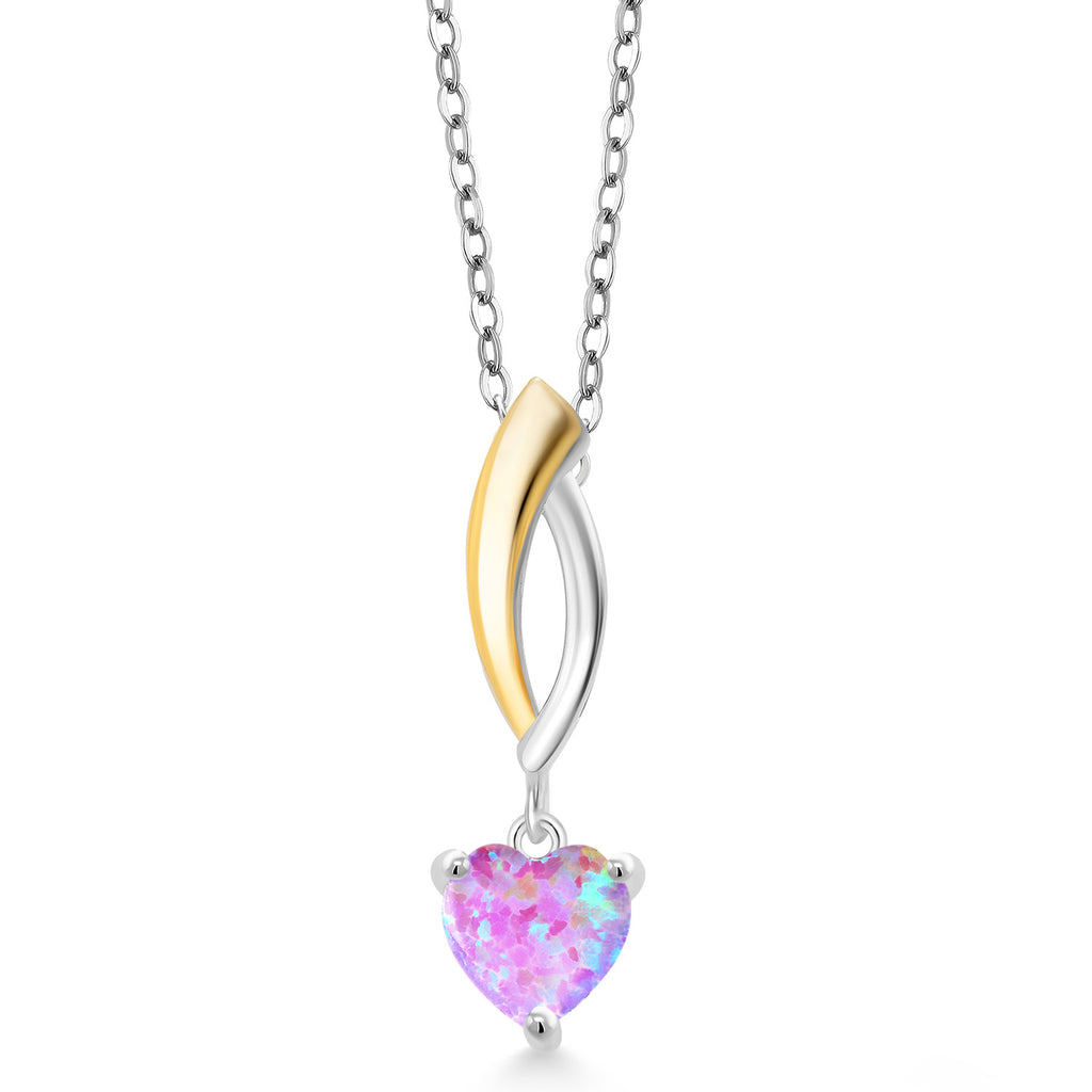 Pink Simulated Opal - October_Pendant in 925 Sterling Silver and 10K Yellow Gold
