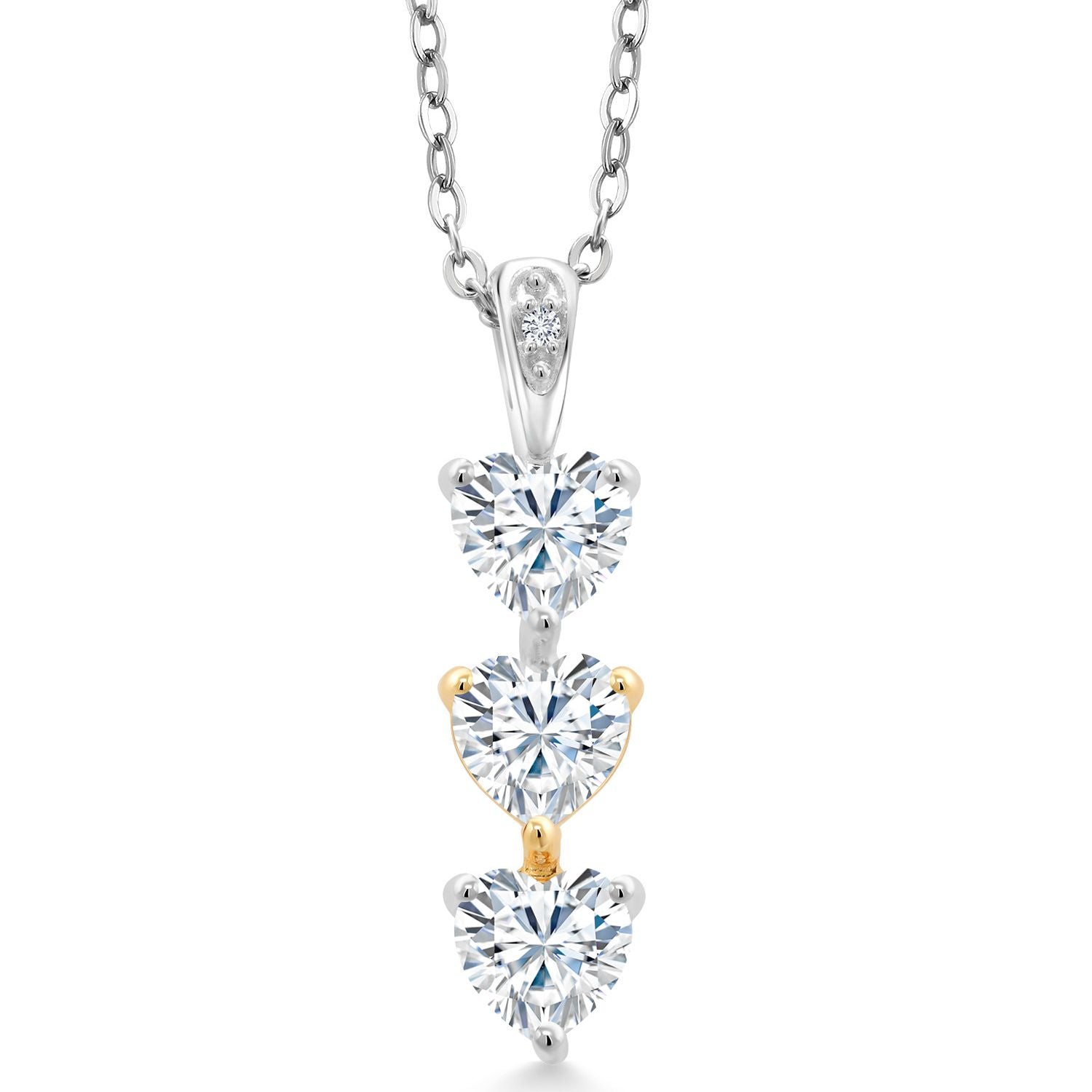 925 Sterling Silver and 10K Yellow Gold White Moissanite and Lab Grown Diamond 3 Stone Heart Shape Pendant Necklace By Keren Hanan (1.27 Cttw, with 18 Inch Chain)