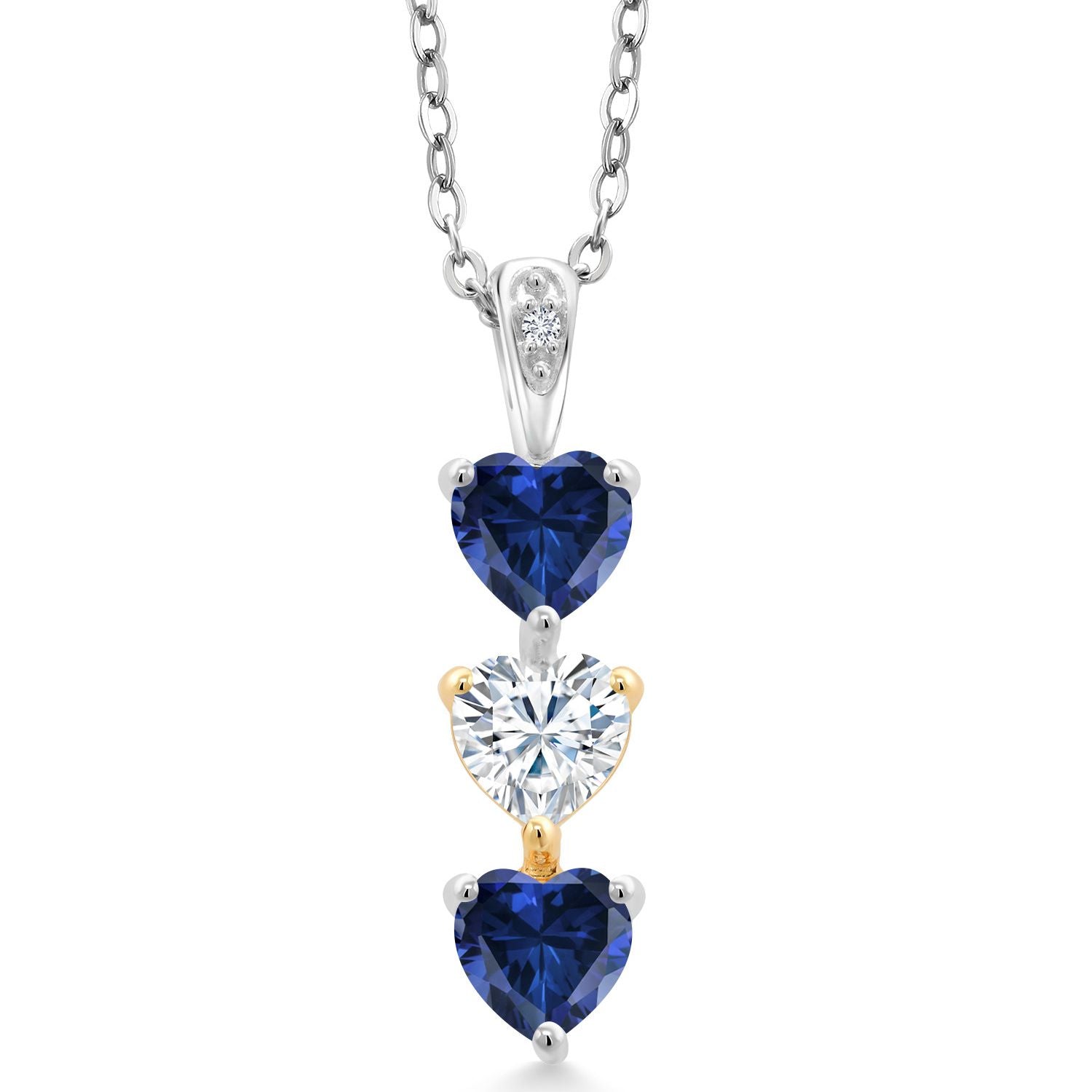 925 Silver and 10K Yellow Gold Blue Created Sapphire Moissanite and White Lab Grown Diamond 3 Stone Heart Shape Pendant Necklace By Keren Hanan (1.43 Cttw, with Chain)