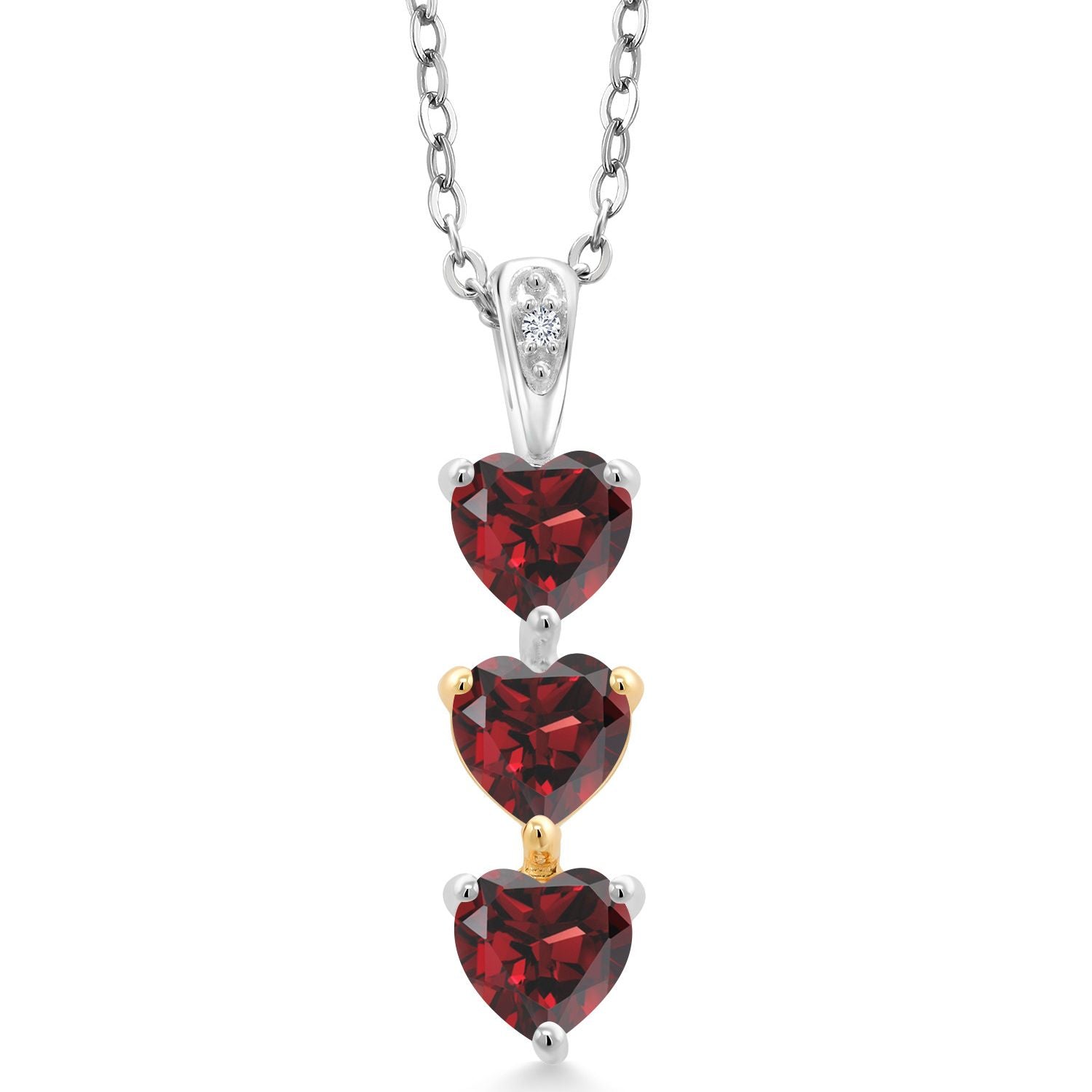 Keren Hanan 925 Sterling Silver and 10K Yellow Gold Heart Shape Red Garnet 3 Stone Pendant Necklace For Women (1.81 Cttw, Gemstone Birthstone, with 18 Inch Chain)