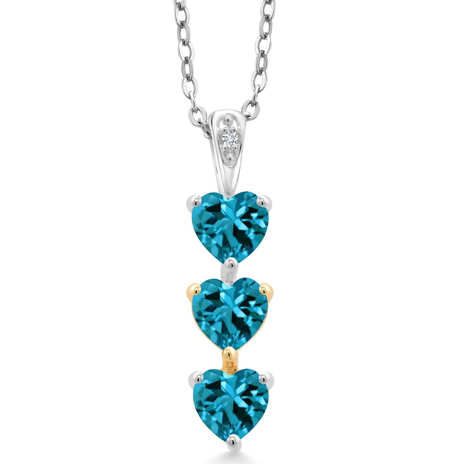 925 Silver and 10K Yellow Gold London Blue Topaz and Lab Grown Diamond 3 Stone Heart Shape Pendant Necklace For Women By Keren Hanan (1.66 Cttw, with 18 Inch Chain0