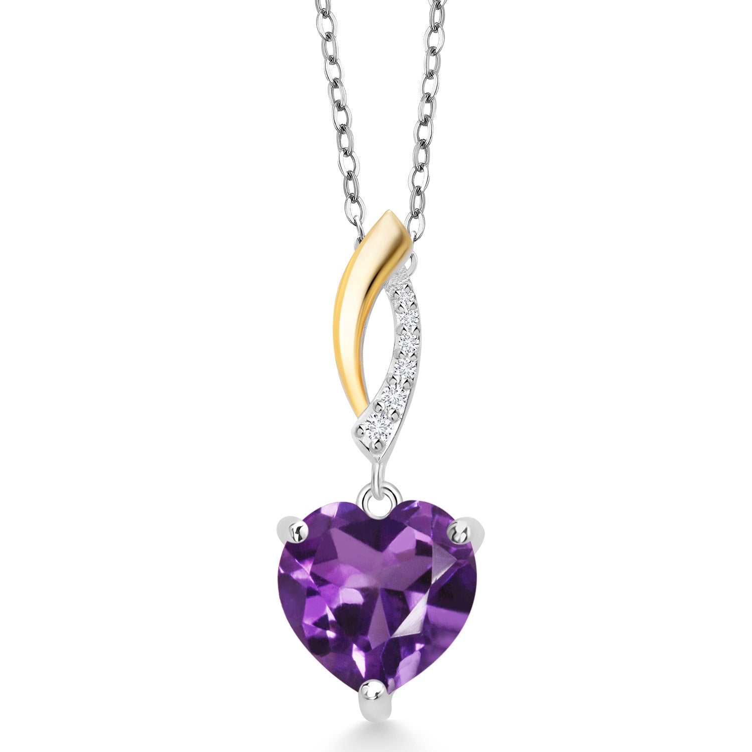 Keren Hanan 3.20 Ct Heart Shape 10mm Purple Amethyst 925 Silver and 10K Yellow Gold Lab Grown Diamond Pendant with Chain