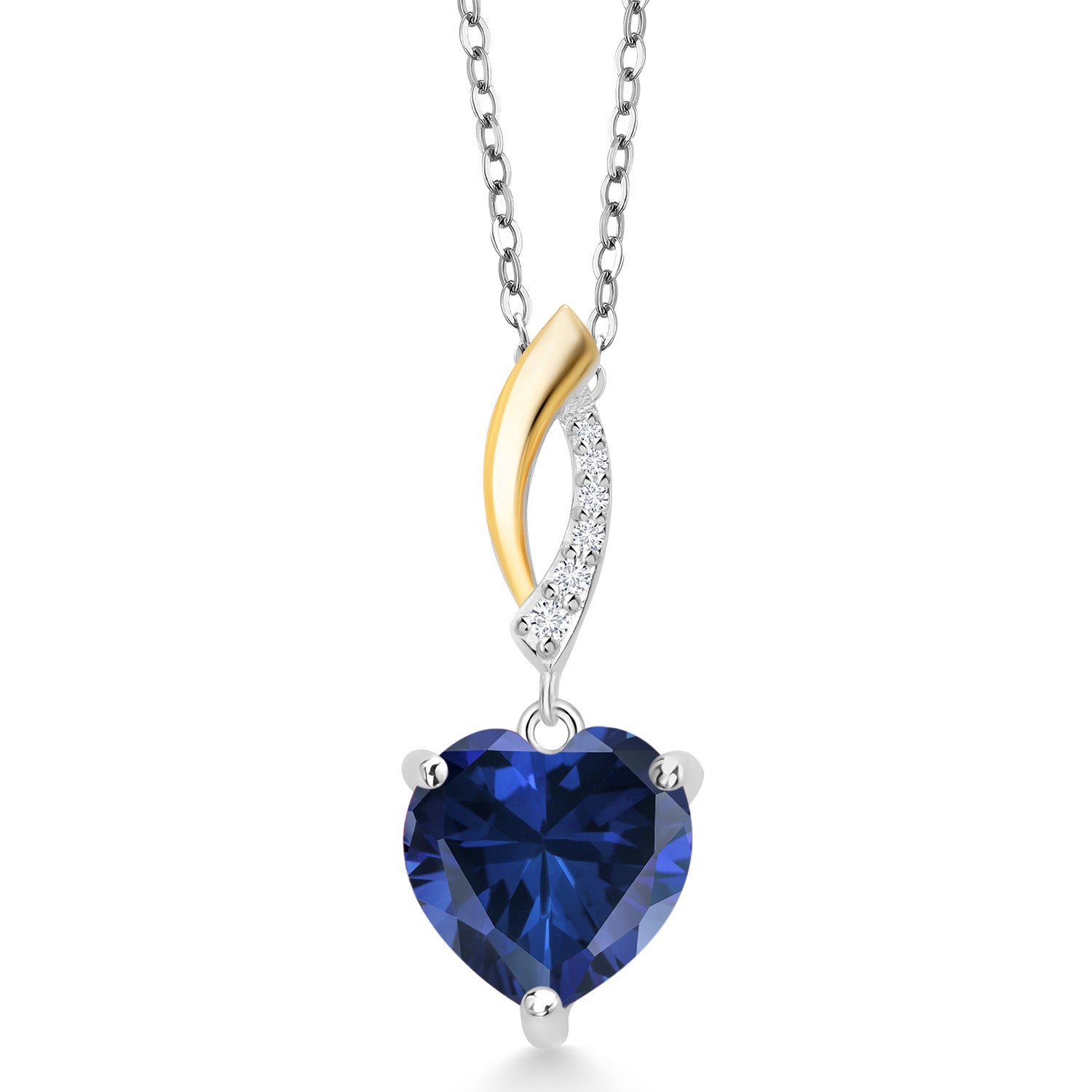 Keren Hanan 925 Silver and 10K Yellow Gold Blue Simulated Sapphire and White Lab Grown Diamond Pendant Necklace For Women (4.15 Cttw, Heart Shape 10MM, with 18 Inch Chain)