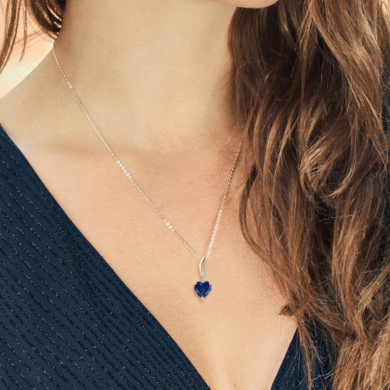 Keren Hanan 925 Silver and 10K Yellow Gold Blue Simulated Sapphire and White Lab Grown Diamond Pendant Necklace For Women (4.15 Cttw, Heart Shape 10MM, with 18 Inch Chain)