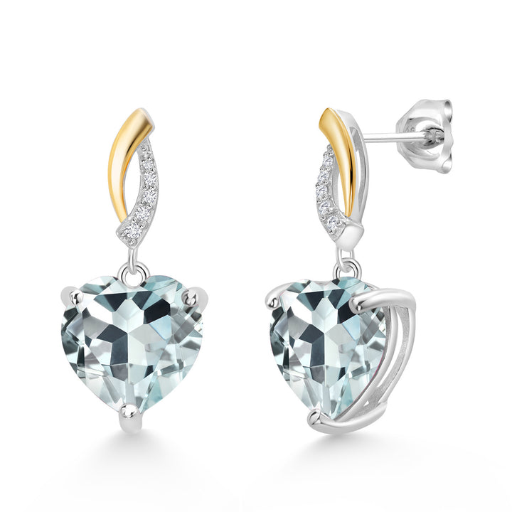 Created Aquamarine - March_Earrings in 925 Sterling Silver and 10K Yellow Gold