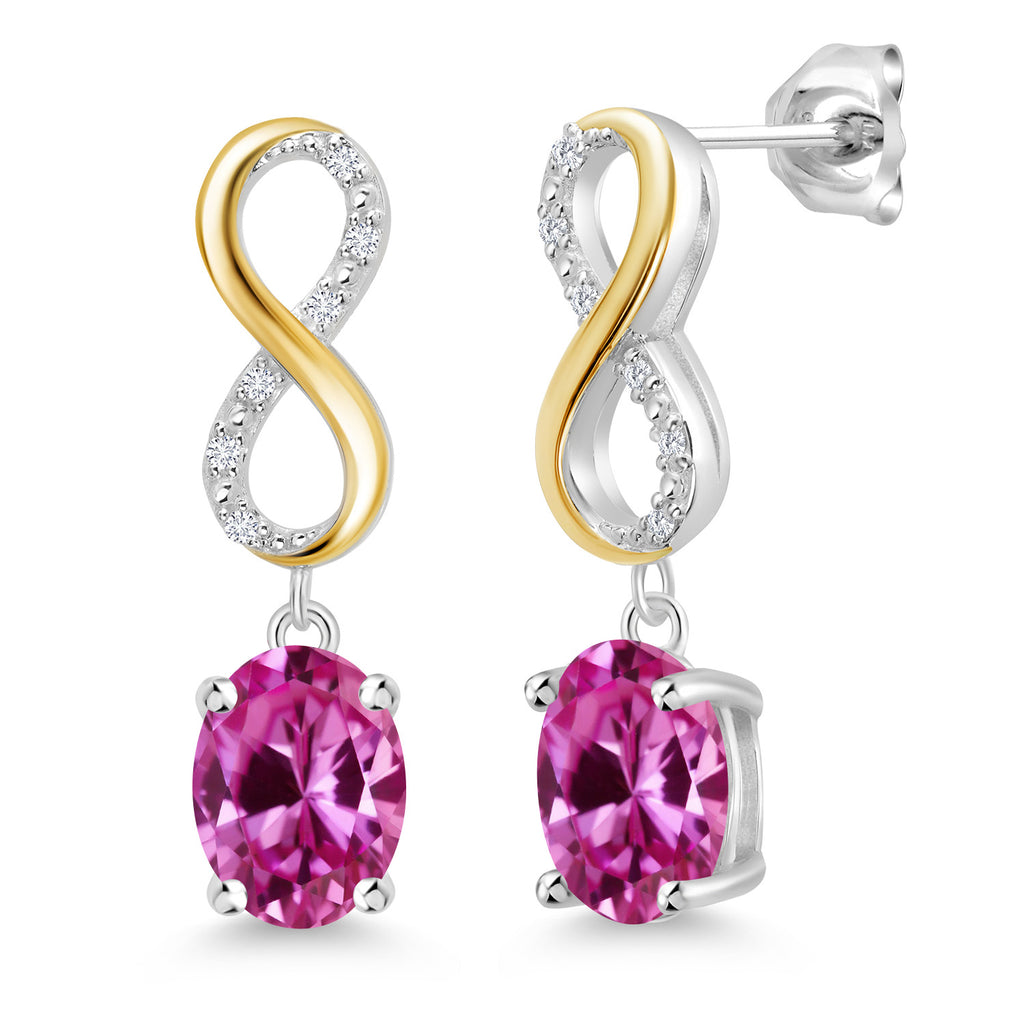 Pink Created Sapphire - September_Earrings in 925 Sterling Silver and 10K Yellow Gold