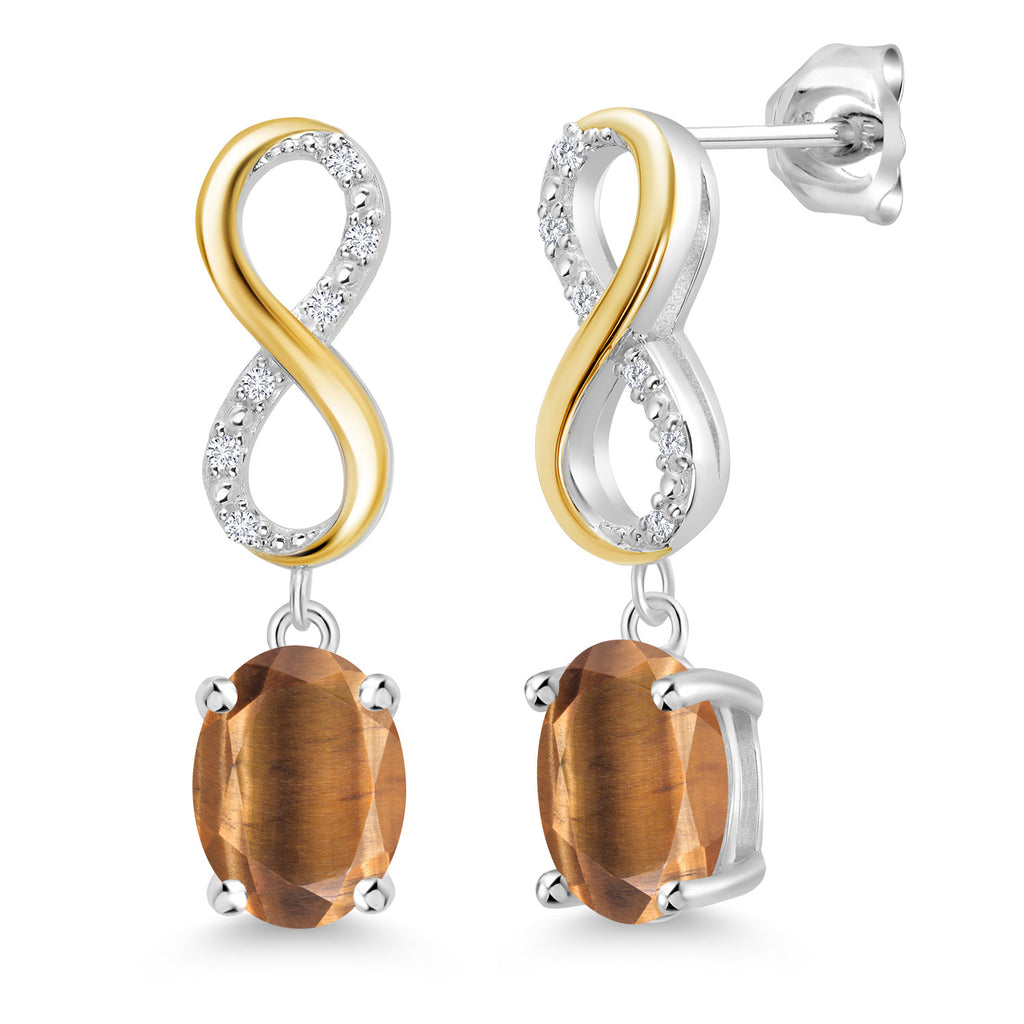 Brown Tiger Eye_Earrings in 925 Sterling Silver and 10K Yellow Gold