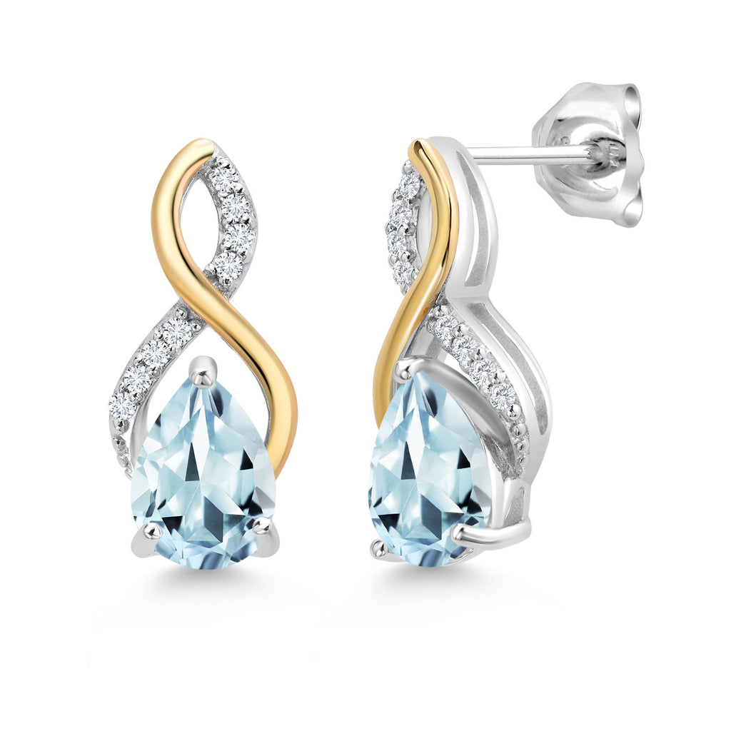 Aquamarine - March_Earrings in 925 Sterling Silver and 10K Yellow Gold