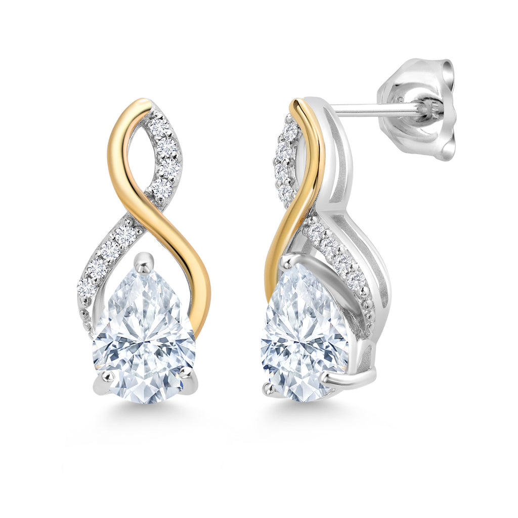 White Moissanite - April_Earrings in 925 Sterling Silver and 10K Yellow Gold