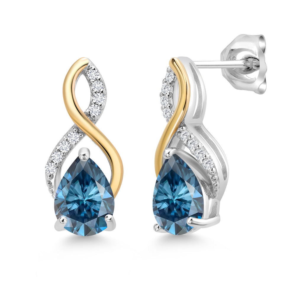 Persian Blue Moissanite - April_Earrings in 925 Sterling Silver and 10K Yellow Gold