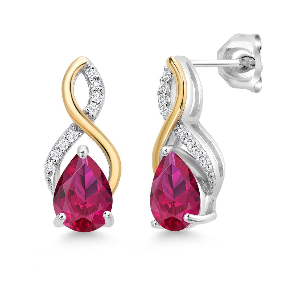 Created Ruby - July_Earrings in 925 Sterling Silver and 10K Yellow Gold