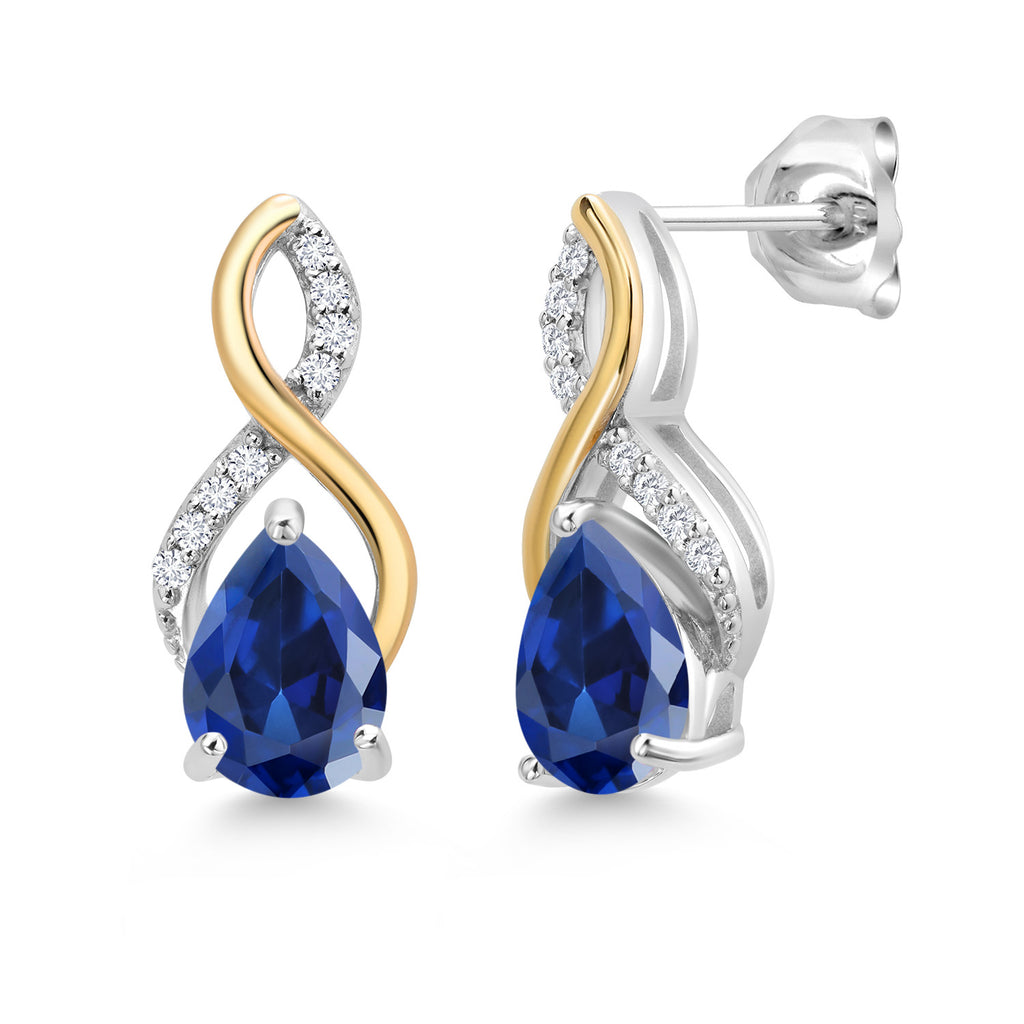 Blue Created Sapphire - September_Earrings in 925 Sterling Silver and 10K Yellow Gold