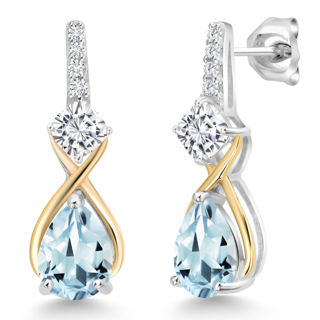 Moissanite - Aquamarine_Earrings in 925 Sterling Silver and 10K Yellow Gold