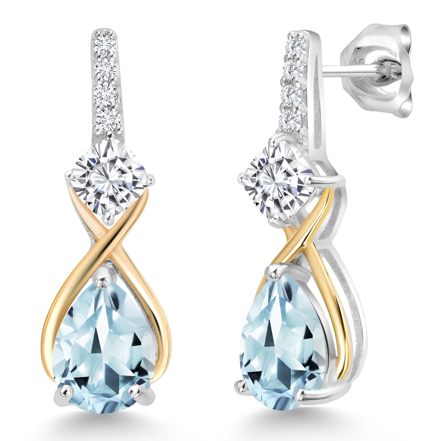 White Moissanite - Aquamarine_Earrings in 925 Sterling Silver and 10K Yellow Gold