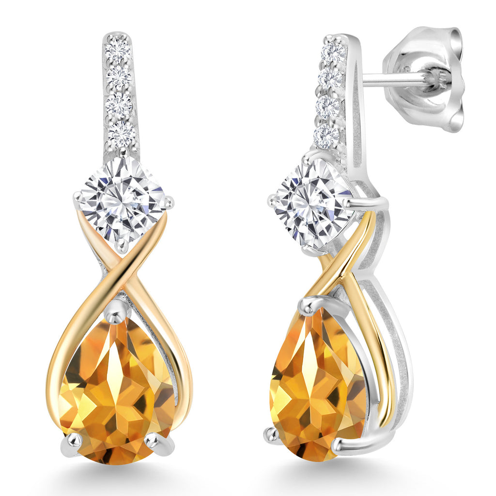 Moissanite - Citrine_Earrings in 925 Sterling Silver and 10K Yellow Gold