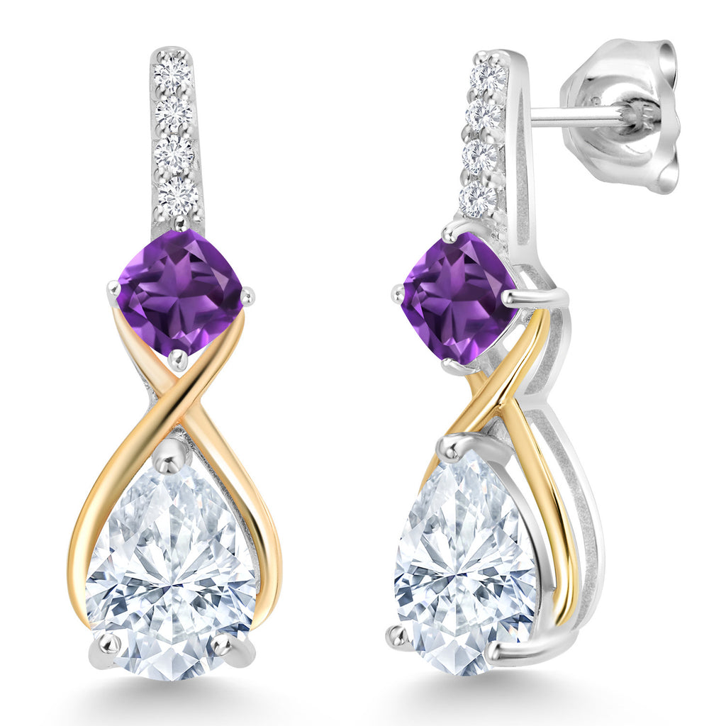 Amethyst - Moissanite_Earrings in 925 Sterling Silver and 10K Yellow Gold
