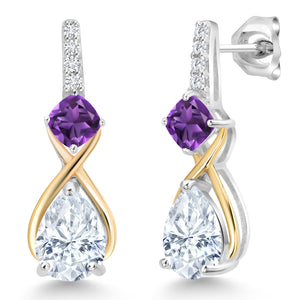 Amethyst - Moissanite_Earrings in 925 Sterling Silver and 10K Yellow Gold