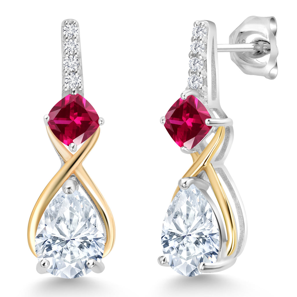 Created Ruby - Moissanite_Earrings in 925 Sterling Silver and 10K Yellow Gold