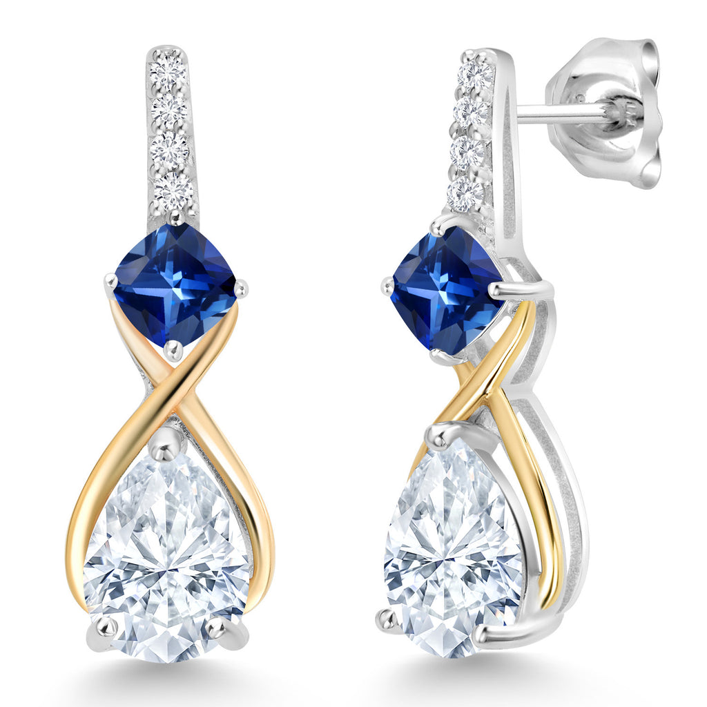 Blue Created Sapphire - Moissanite_Earrings in 925 Sterling Silver and 10K Yellow Gold