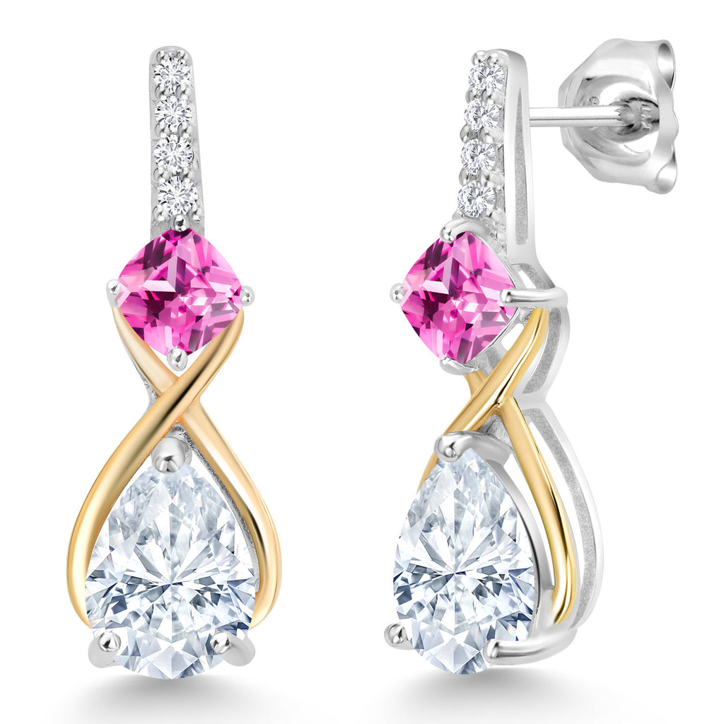 Pink Created Sapphire - Moissanite_Earrings in 925 Sterling Silver and 10K Yellow Gold