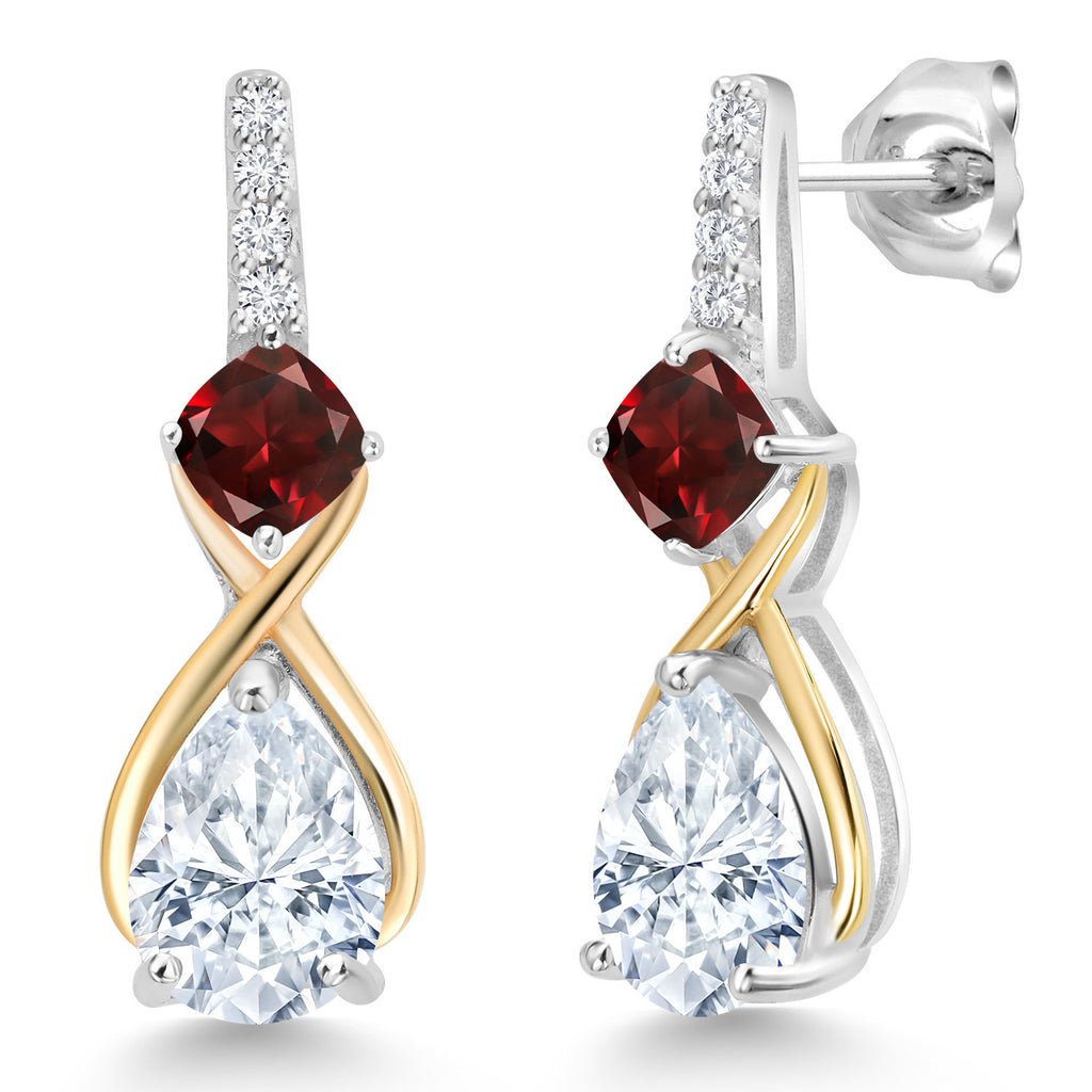 Garnet - Moissanite_Earrings in 925 Sterling Silver and 10K Yellow Gold