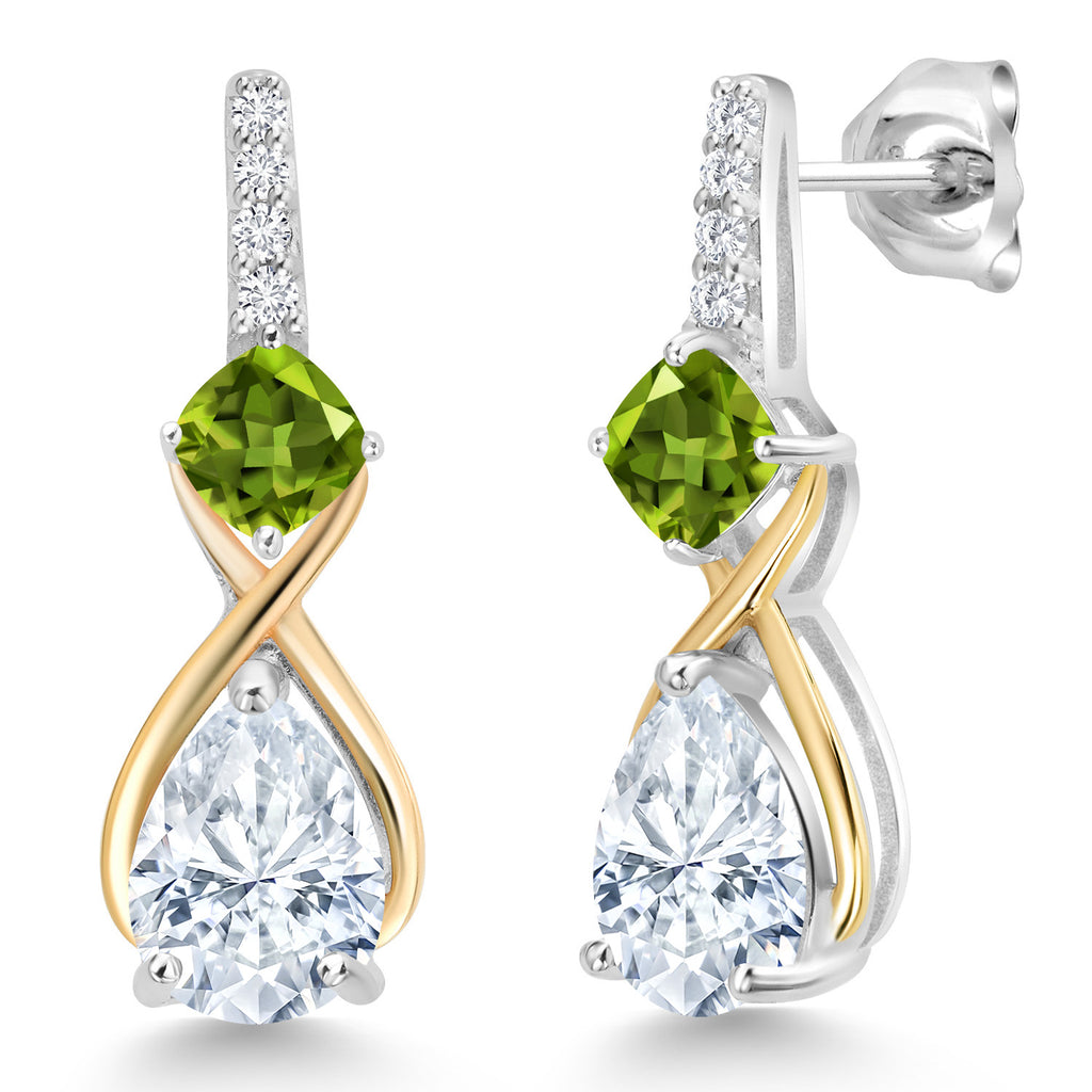 Peridot - Moissanite_Earrings in 925 Sterling Silver and 10K Yellow Gold