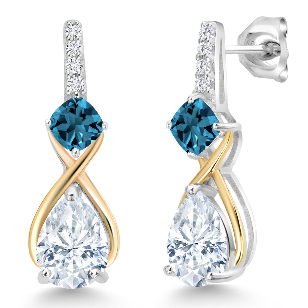 London Blue Topaz - Moissanite_Earrings in 925 Sterling Silver and 10K Yellow Gold