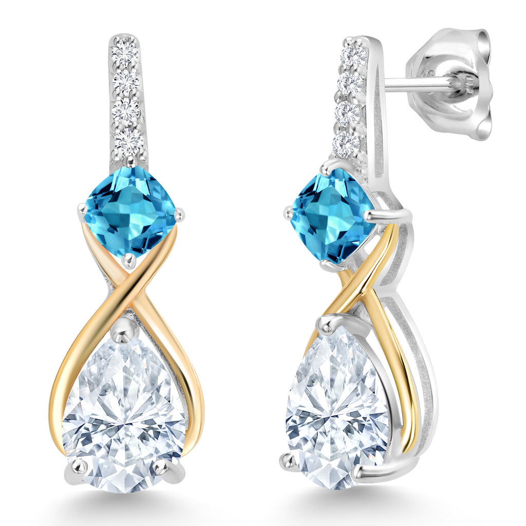 Swiss Blue Topaz - Moissanite_Earrings in 925 Sterling Silver and 10K Yellow Gold