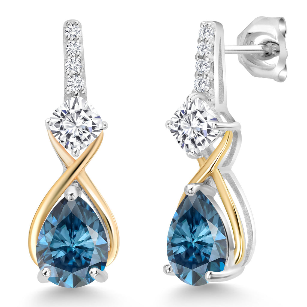 Moissanite - Persian Blue Moissanite_Earrings in 925 Sterling Silver and 10K Yellow Gold