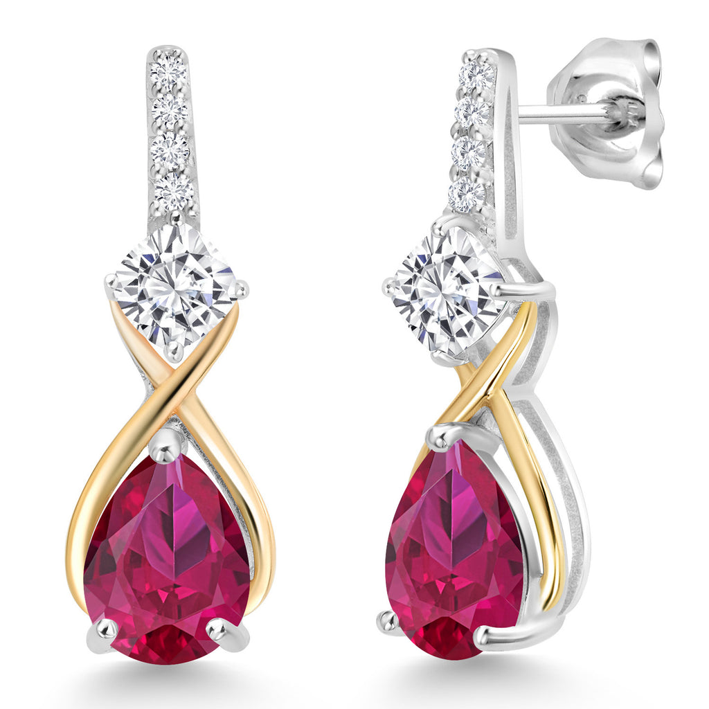 Moissanite - Created Ruby_Earrings in 925 Sterling Silver and 10K Yellow Gold