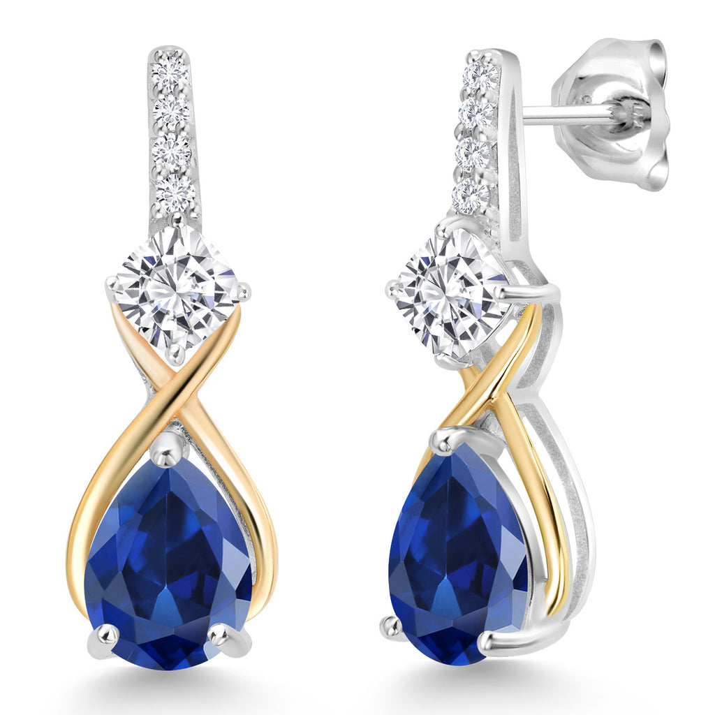 Moissanite - Blue Created Sapphire_Earrings in 925 Sterling Silver and 10K Yellow Gold