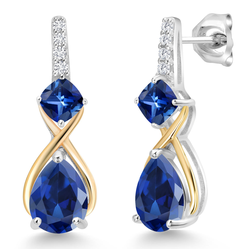 Blue Created Sapphire_Earrings in 925 Sterling Silver and 10K Yellow Gold