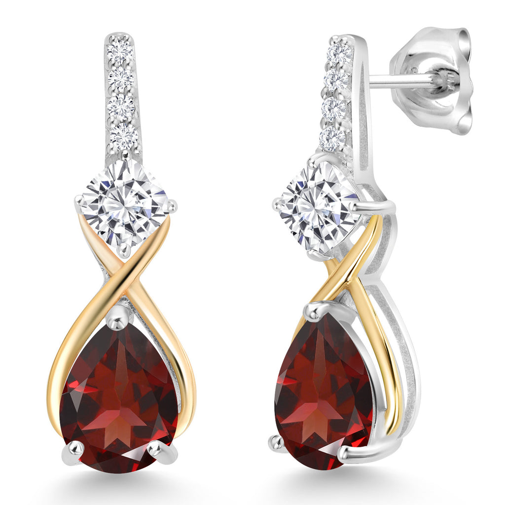 Moissanite - Garnet_Earrings in 925 Sterling Silver and 10K Yellow Gold