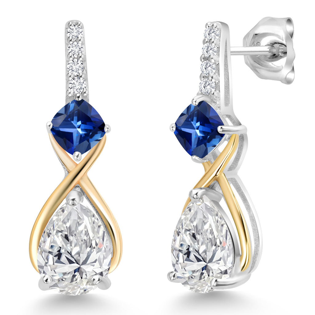 Lab Grown Diamond - Blue Created Sapphire_Earrings in 925 Sterling Silver and 10K Yellow Gold