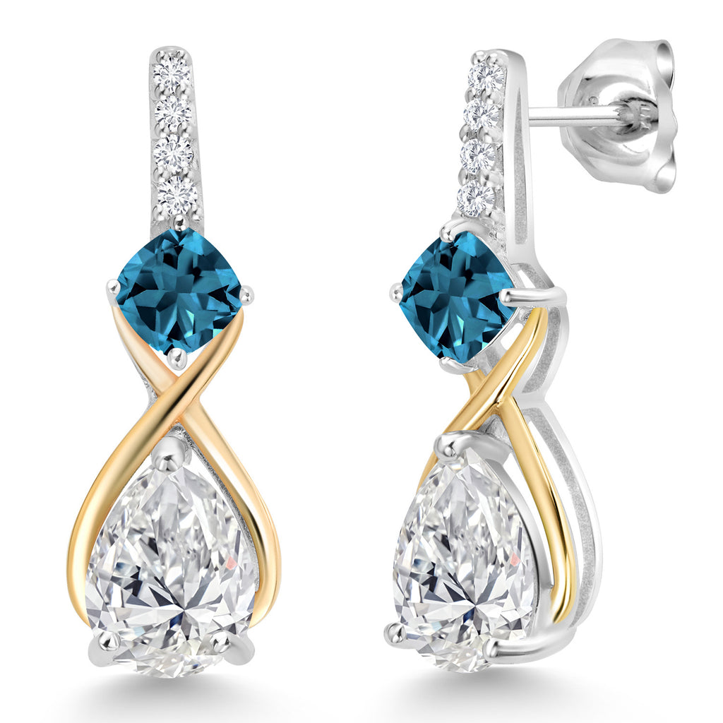 Lab Grown Diamond - London Blue Topaz_Earrings in 925 Sterling Silver and 10K Yellow Gold