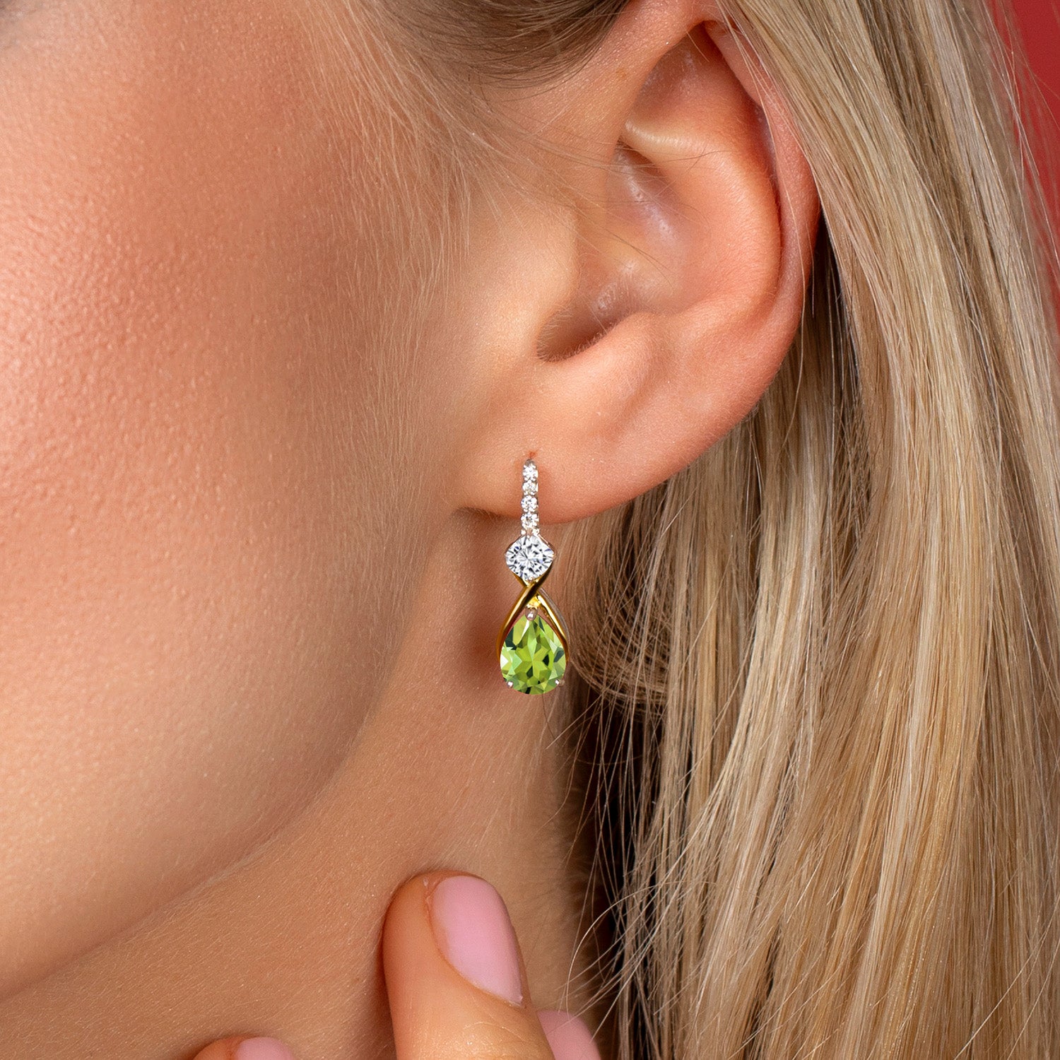 925 Sterling Silver and 10K Yellow Gold Pear Shape Green Peridot White Moissanite and White Lab Grown Diamond Dangle Earrings For Women (2.88 Cttw, Pear Shape 8X6MM)