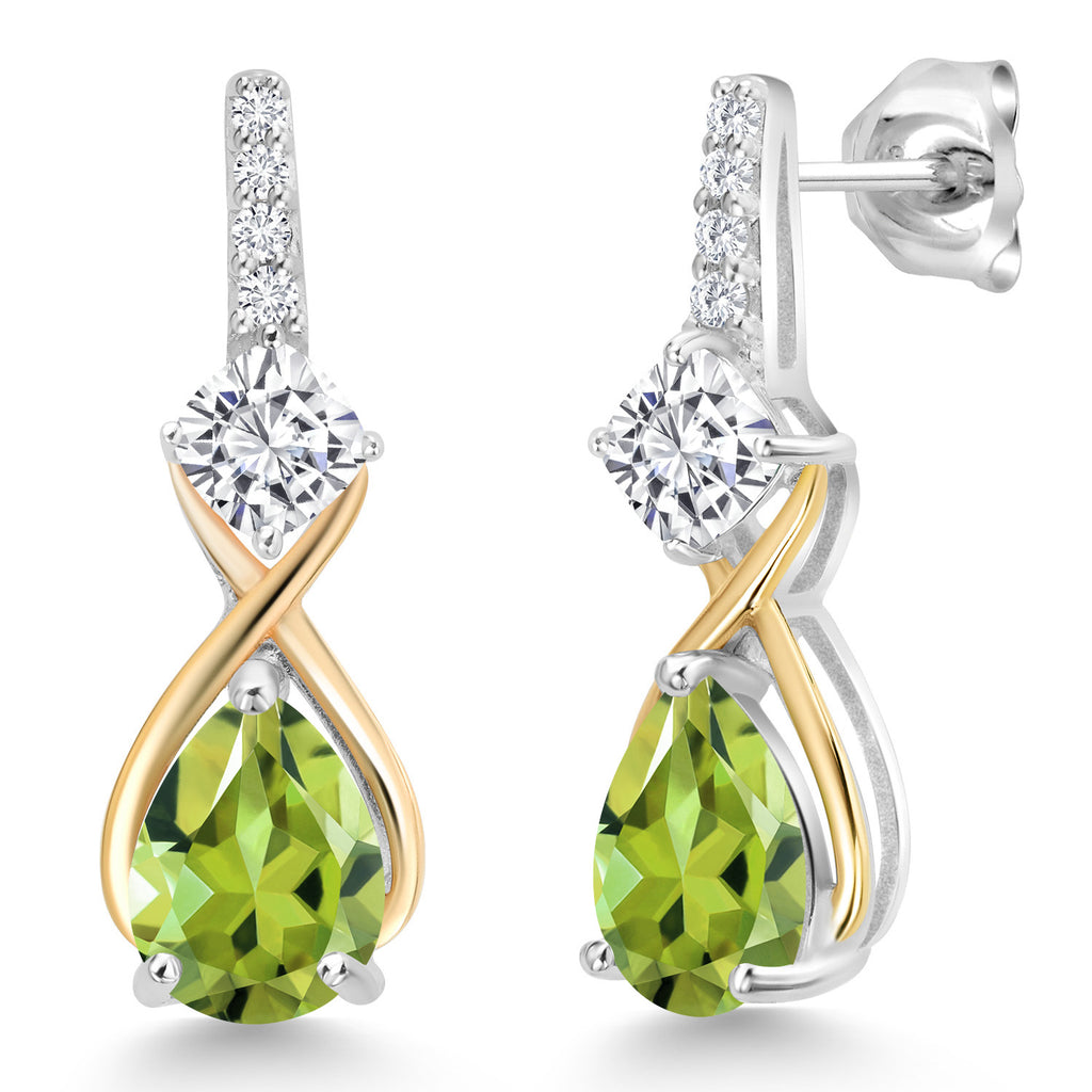 Moissanite - Peridot_Earrings in 925 Sterling Silver and 10K Yellow Gold