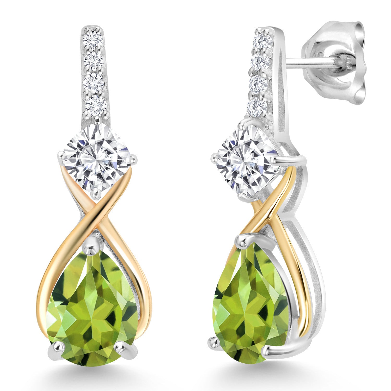 925 Sterling Silver and 10K Yellow Gold Pear Shape Green Peridot White Moissanite and White Lab Grown Diamond Dangle Earrings For Women (2.88 Cttw, Pear Shape 8X6MM)