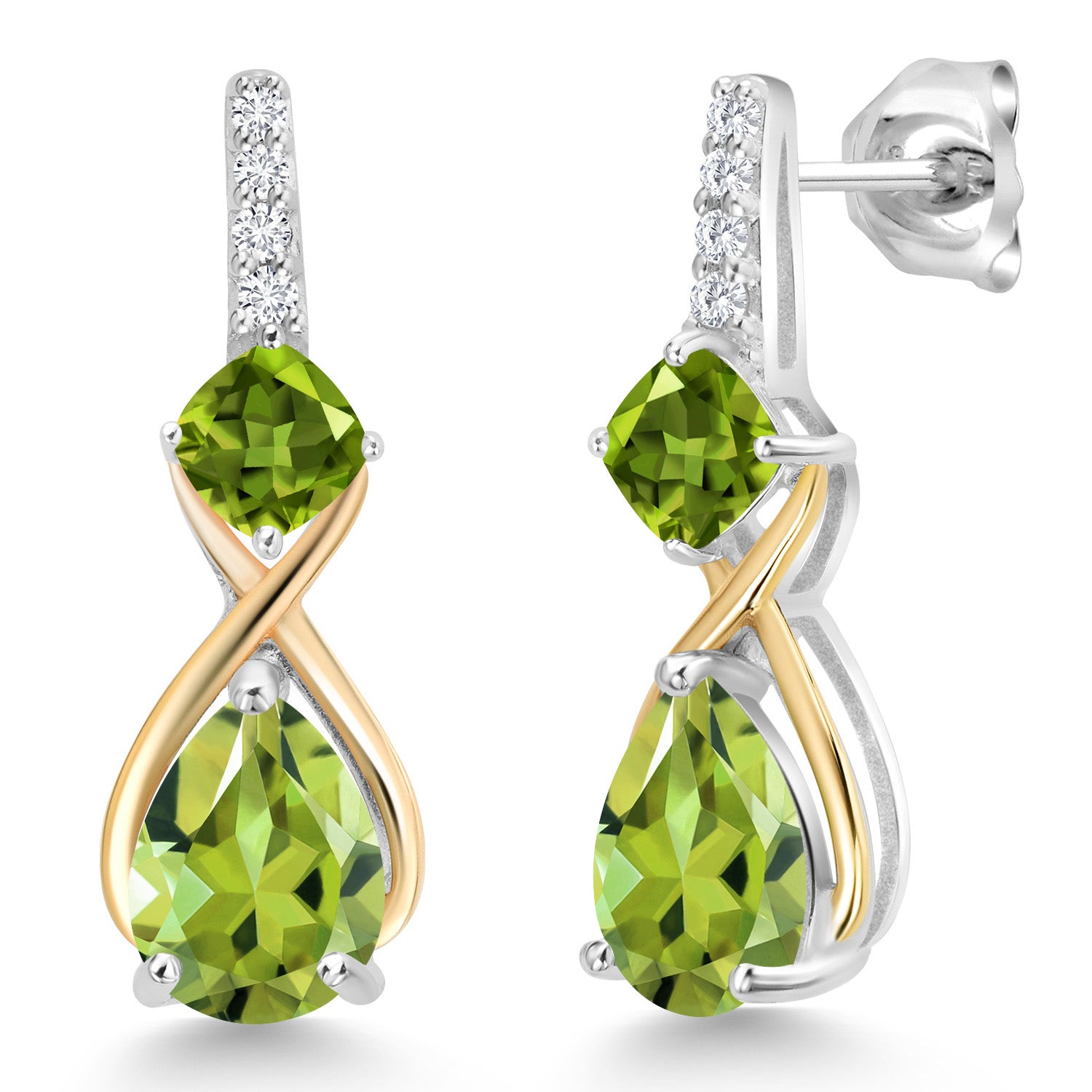 925 Sterling Silver and 10K Yellow Gold Pear Shape Green Peridot and White Lab Grown Diamond Dangle Earrings For Women (2.90 Cttw, Pear Shape 8X6MM)