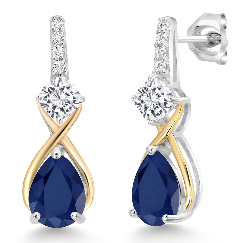 Moissanite - Blue Sapphire_Earrings in 925 Sterling Silver and 10K Yellow Gold