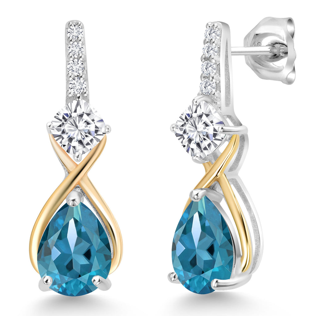 Moissanite - London Blue Topaz_Earrings in 925 Sterling Silver and 10K Yellow Gold