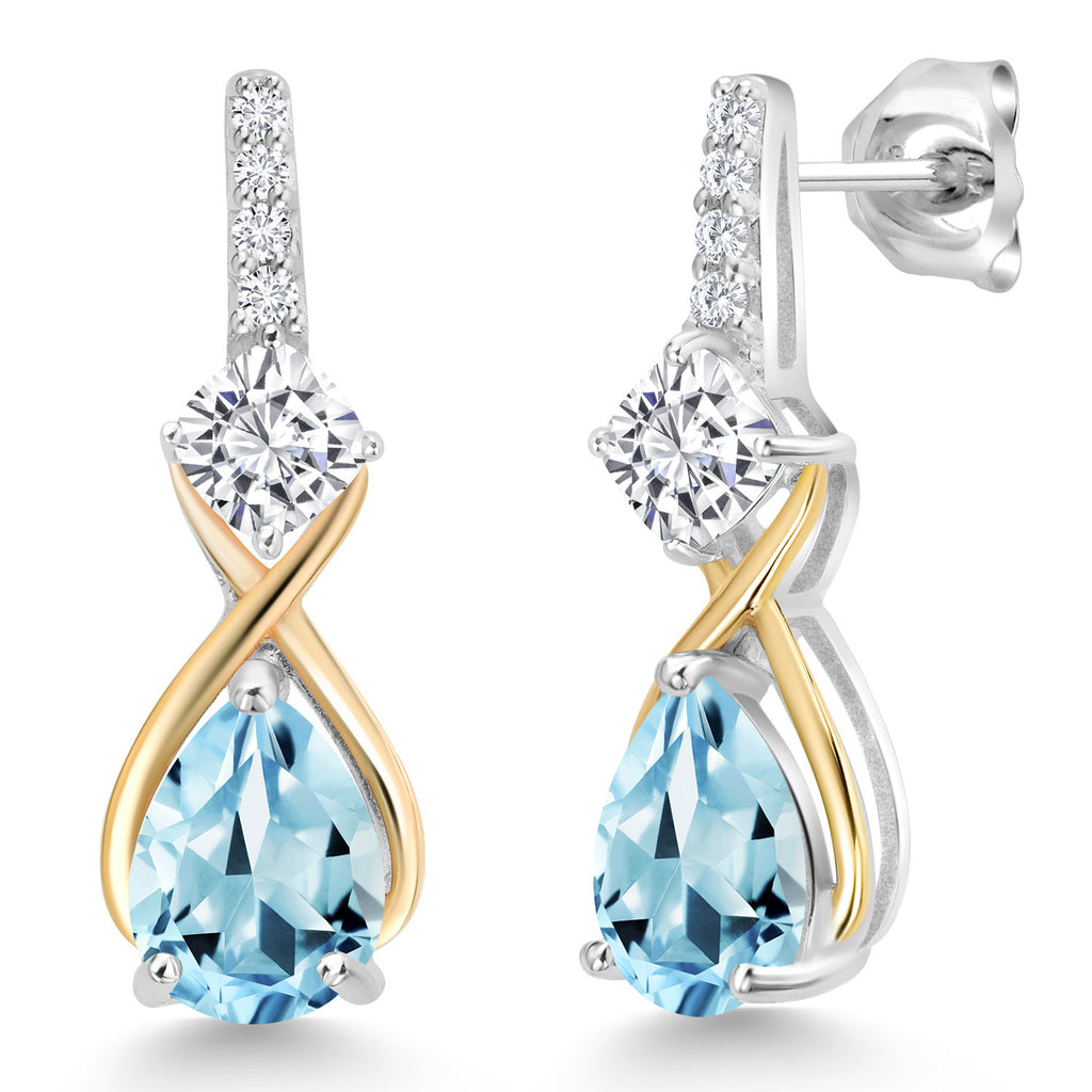 Moissanite - Sky Blue Topaz_Earrings in 925 Sterling Silver and 10K Yellow Gold