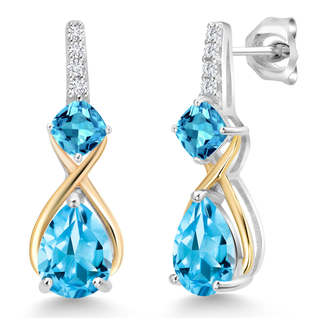 Swiss Blue Topaz_Earrings in 925 Sterling Silver and 10K Yellow Gold