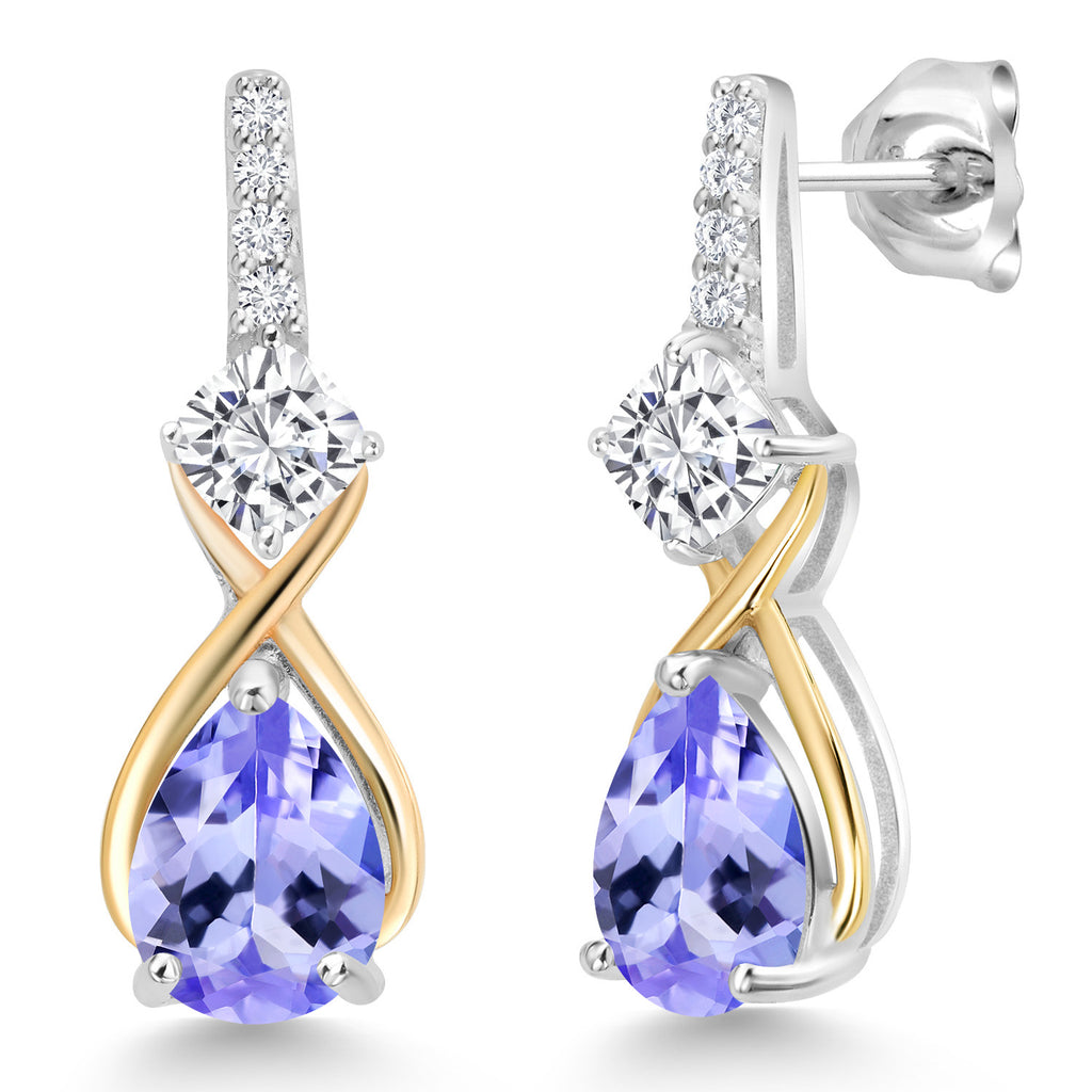 Moissanite - Tanzanite_Earrings in 925 Sterling Silver and 10K Yellow Gold