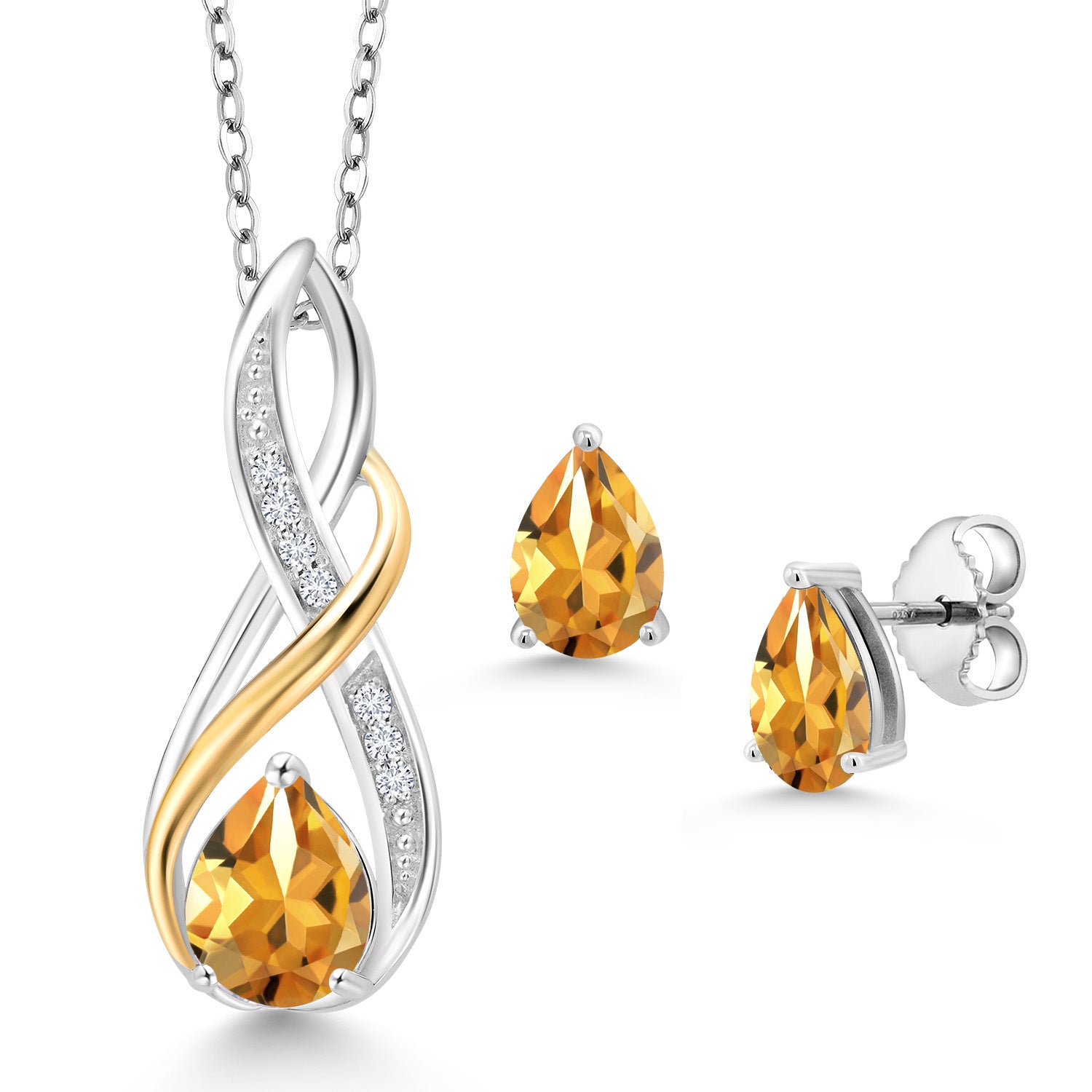 925 Sterling Silver and 10K Yellow Gold Pear Shape Yellow Citrine and White Lab Grown Diamond Pendant and Earrings Jewelry Set For Women (2.83 Cttw, Gemstone November Birthstone, with 18 Inch Chain)