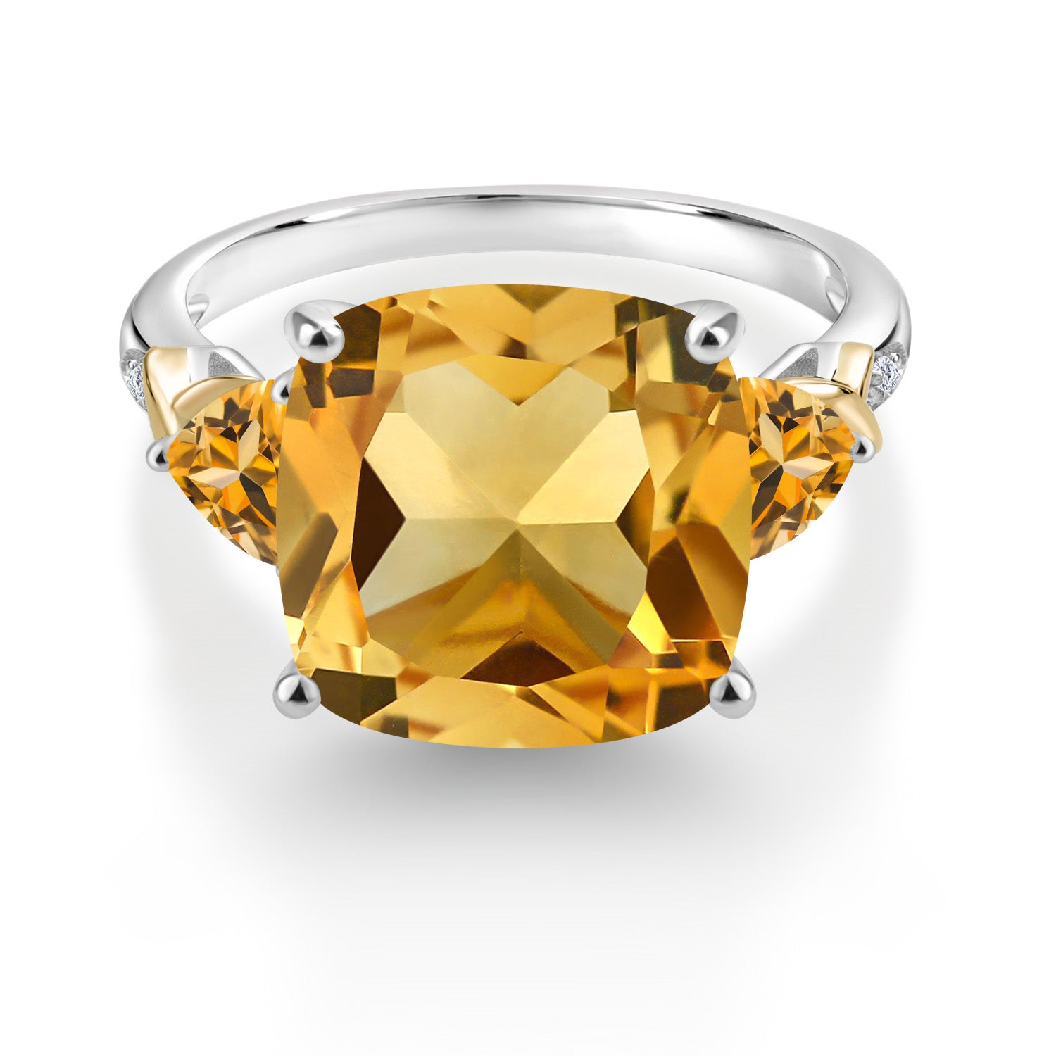 925 Silver and 10K Yellow Yellow Citrine and Diamond Ring For Women (7.33 Cttw, 12MM Cushion and 5mm Trillion, Gemstone Birthstone, Available In Size 5, 6, 7, 8, 9)